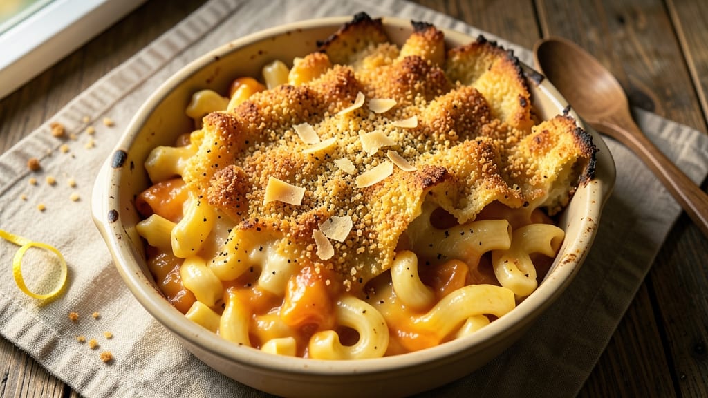 Baked Mac and Cheese Recipe with Cheddar Cheese Soup: Crispy Breadcrust Over Creamy Potato Base