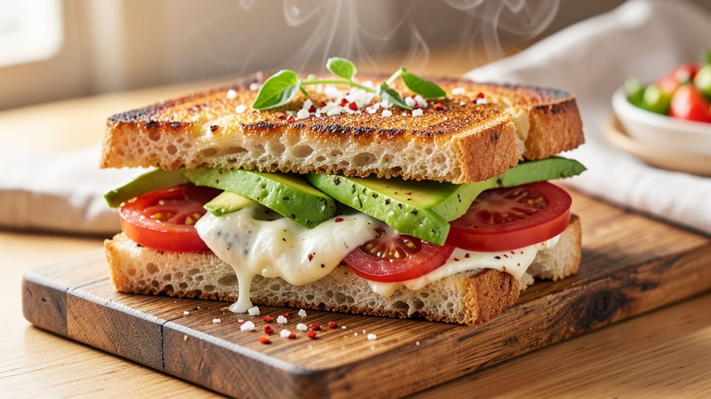 Avocado, Mozzarella, and Tomato Grilled Cheese Recipe: Crispy-Edged, Melty Triangles With Fresh Bite
