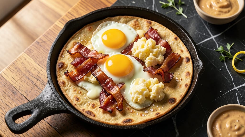 Bacon Egg and Cheese Quesadilla Recipe: Crispy Tortilla, Runny Yolk, Crumbled Bacon Bites