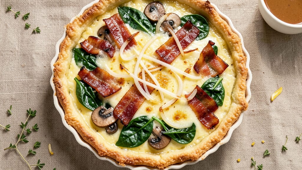 Bacon Mushroom Spinach Cheese Quiche Recipe: Crispy Crust With Smoky Bacon Streaks