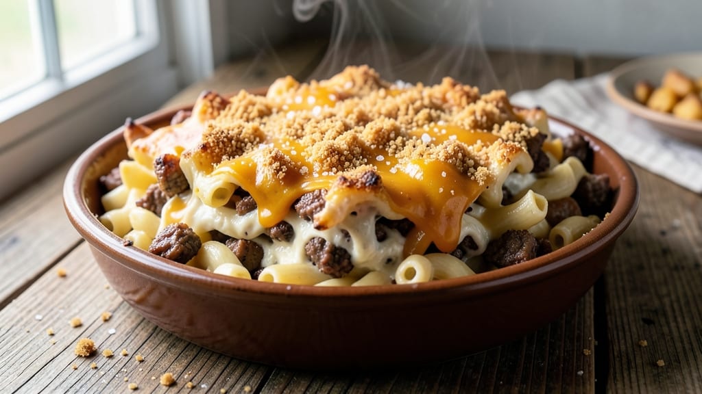 Baked Mac and Cheese With Hamburger Recipe: Savory Meat Twist in One-Pan Wonder