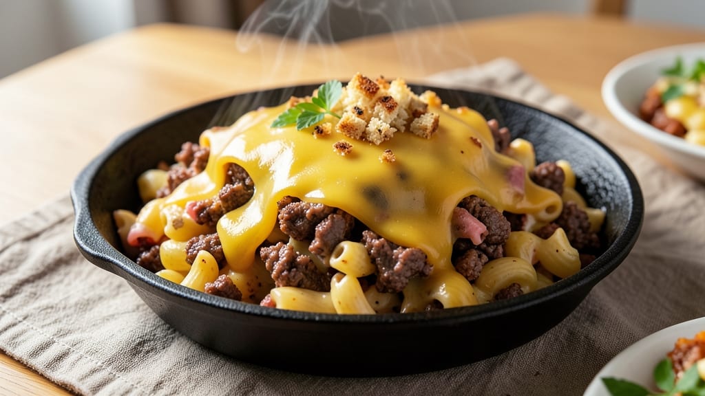 Baked Mac and Cheese With Beef Recipe: Hearty One-Pan Dinner With Crispy Top