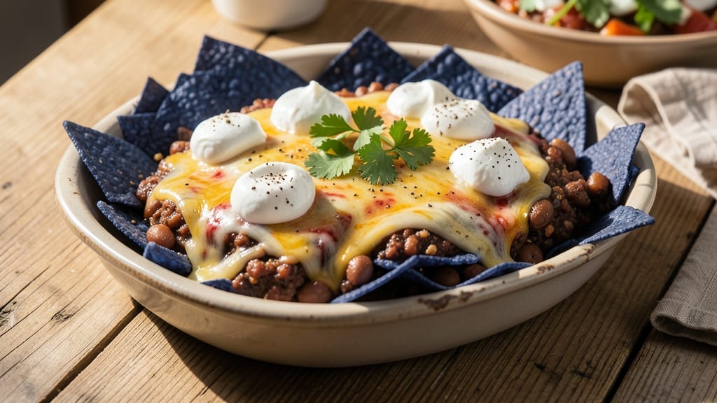 Bean and Cheese Nachos Recipe: Crunchy Tortilla Stacks With Three Cheese Rivers