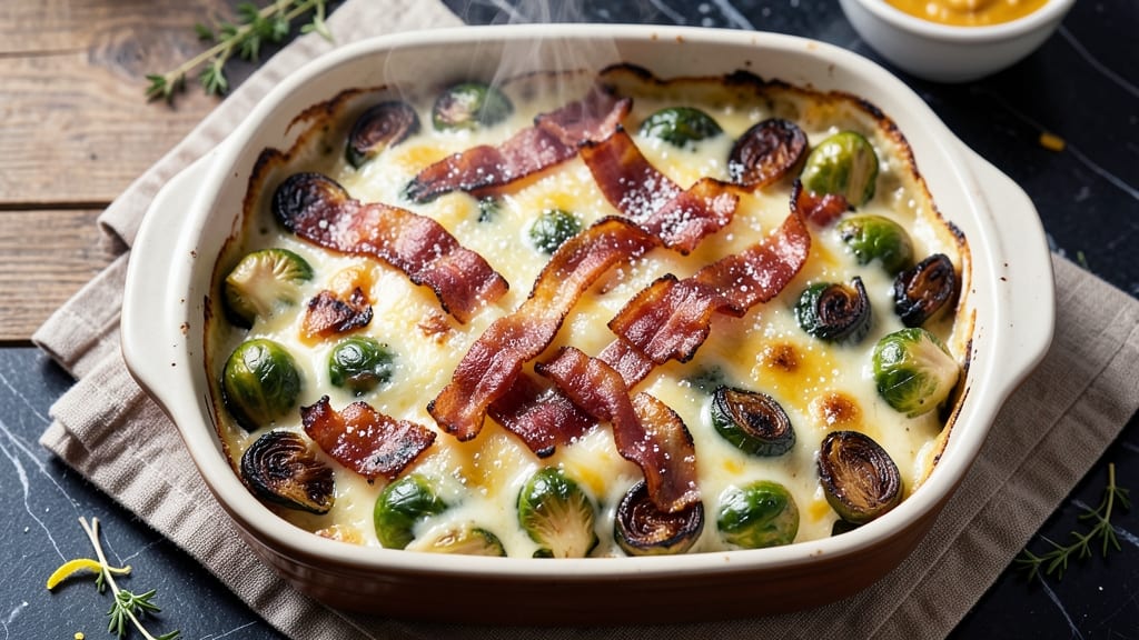 Bacon and Cheese Brussels Sprouts Casserole Recipe: Crispy Top, Smoky Bacon, Melty Cheese Layers