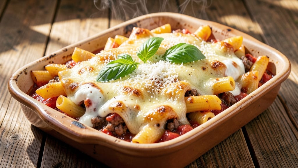 Baked Ziti Recipe with Ricotta and Mozzarella Cheese and Meat: Three-Cheese Crisp-Top Masterpiece